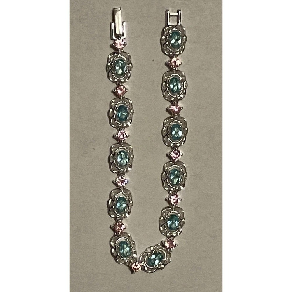Vintage Helen Andrews 925 Sky Blue and Pink Rose Stones Filigree Bracelet 7.5"